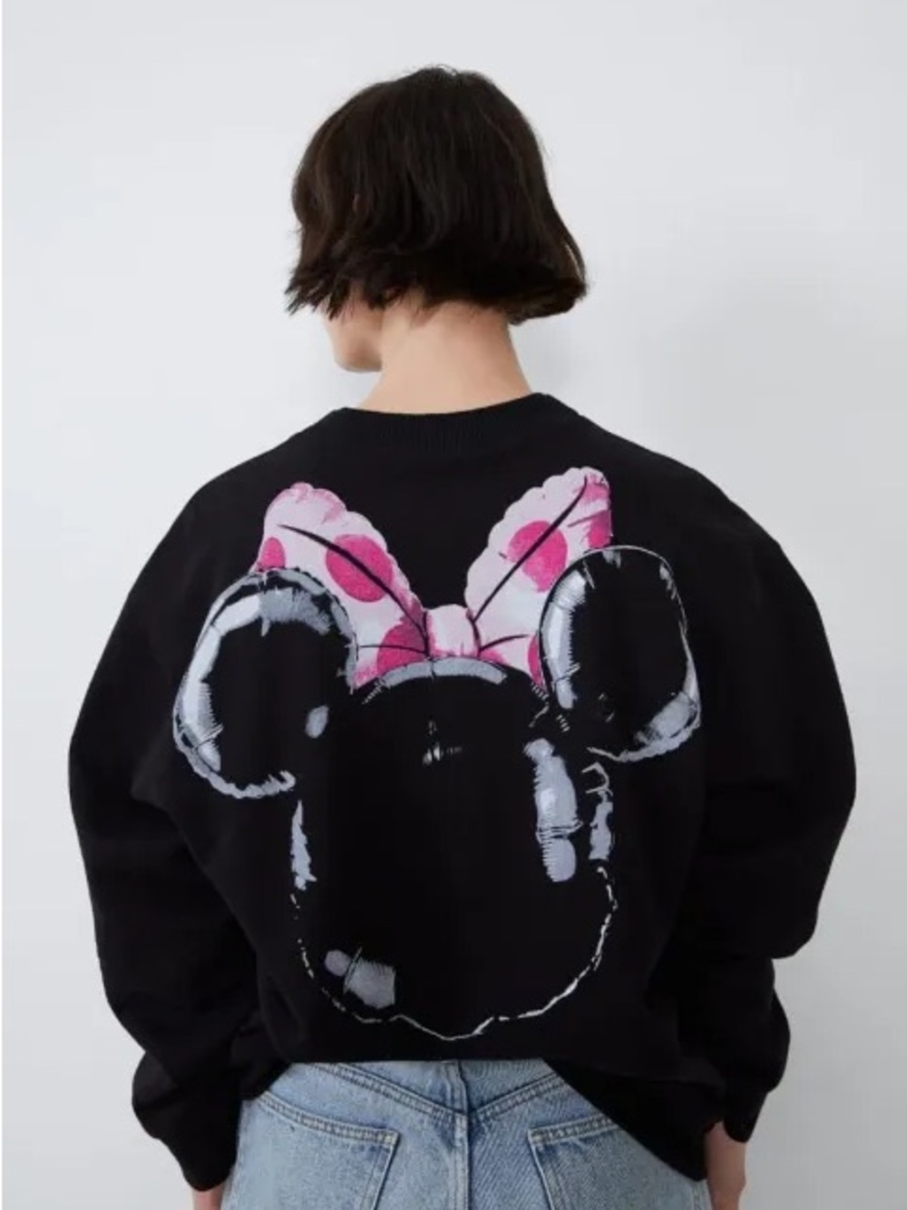 Zara x Disney Black Crewneck Sweatshirt with Pink Polka Dot Minnie Bow